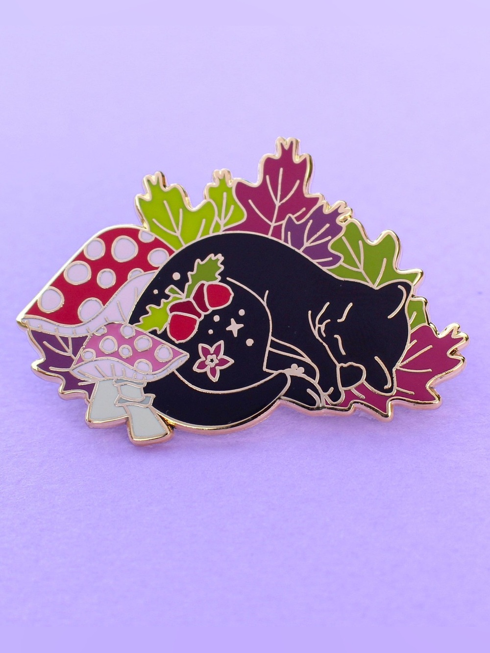 Sleeping Black Cat Enamel Pin with Mushrooms & Leaves